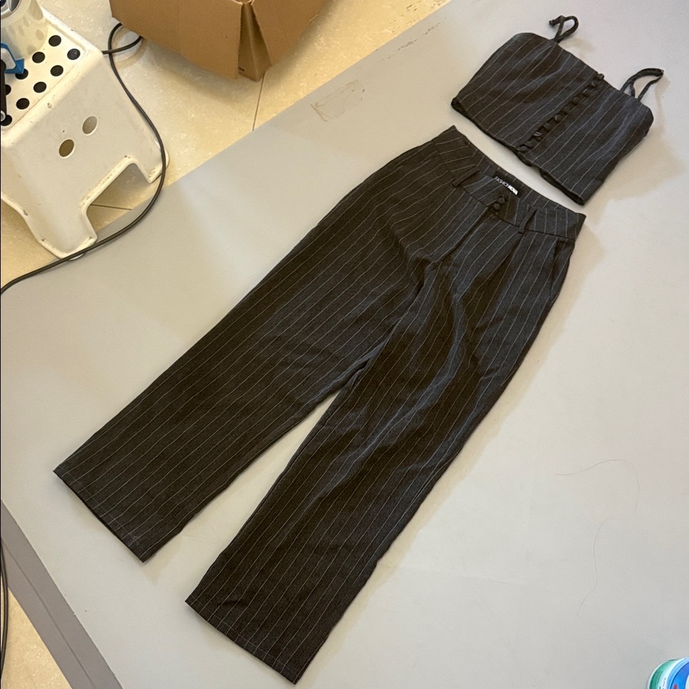 Fashion Nova Black Pinstripe Wide Leg Jumpsuit